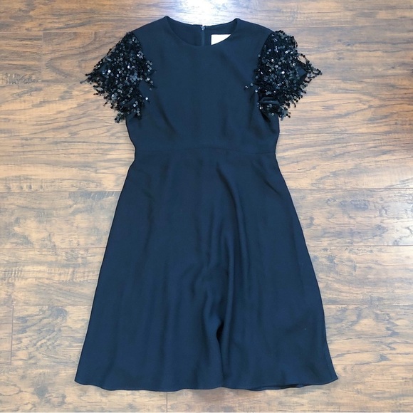 Kate Spade • Sequin Fringe Swing Dress black cap sleeve mini a-line cocktail - Picture 2 of 13